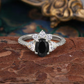 2 Carat Cluster Black Onyx Promise Ring Unique Oval Shaped Pave Halo Ring